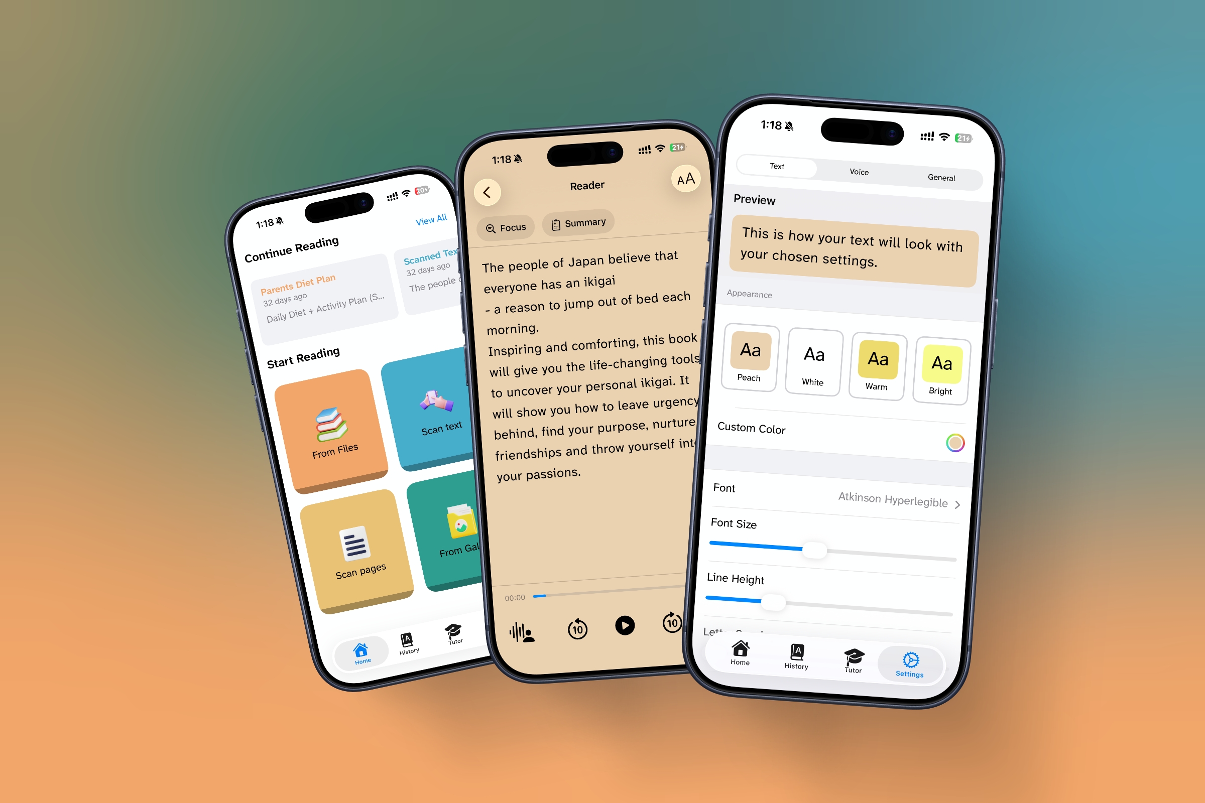 DyslexiaBuddy reader, home, and text settings screens